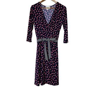 Leota Dress‎ Strawberry Patch Perfect Faux Wrap Navy Lightweight Belted Size M